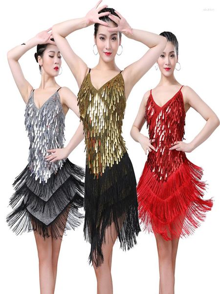 Stage Wear Sexy Backless Latin Dress Women Fashion Spaghetti Strap con scollo a V lucido oro paillettes nappa a strati Lady Ballroom Dance Costume