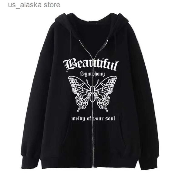 Herren Hoodies Sweatshirts Damen Y2K Retro Dunkelgrau Reißverschluss Schmetterling mit Kapuze Sweatshirt Harajuku Punk Gothic Zip Up Hoodie Langarm Lose Jacke T230731