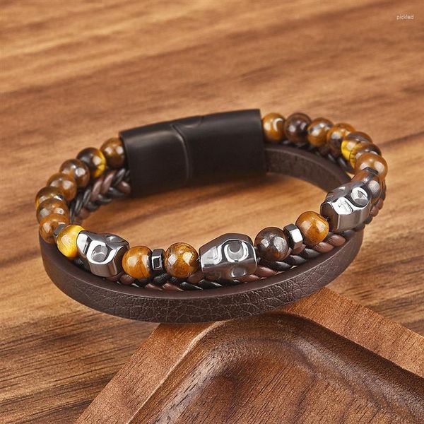 Charm Bracelets Fashion Tiger Eye Frisado Skull Charms Multilayer Leather Bracelet For Men High Quality Male Classic Jewelry Gift