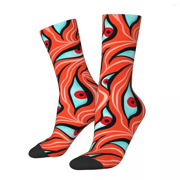 Herrensocken, verrücktes Design, böse Augen, Wellenmuster, rot auf orange, Horror-Skateboard, Polyester-Mittelrohr, für Damen und Herren, atmungsaktiv