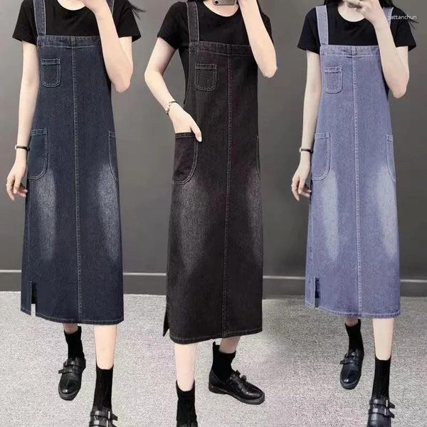 Sıradan Elbiseler 2023 İlkbahar Yaz Kore Mavi Denim Elbise Kadın Moda Gevşek Askı Kayışı Kadın S-5XL Siyah Jean Elega