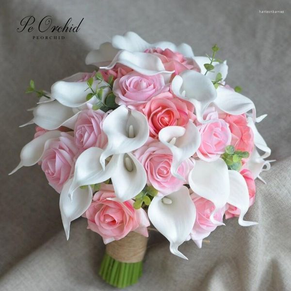 Fiori matrimonio PEORCHID Baby Pink Toss Bouquet Rose Calle artificiali Real Touch Nuziale rustico pallido