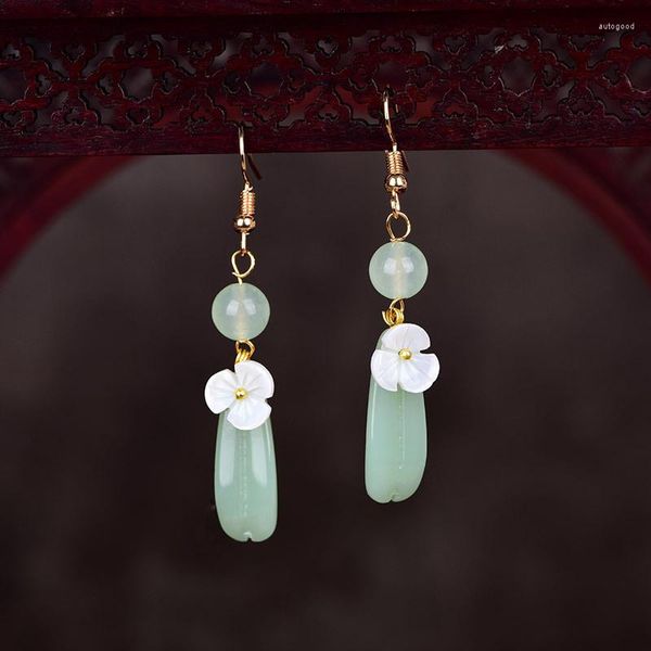 Brincos Pendentes Flor de Jade Vintage Natural Esculpido Jóias Chinesas Acessórios Presentes Amuletos Amuletos Prata 925 Feminino Pedra Preciosa