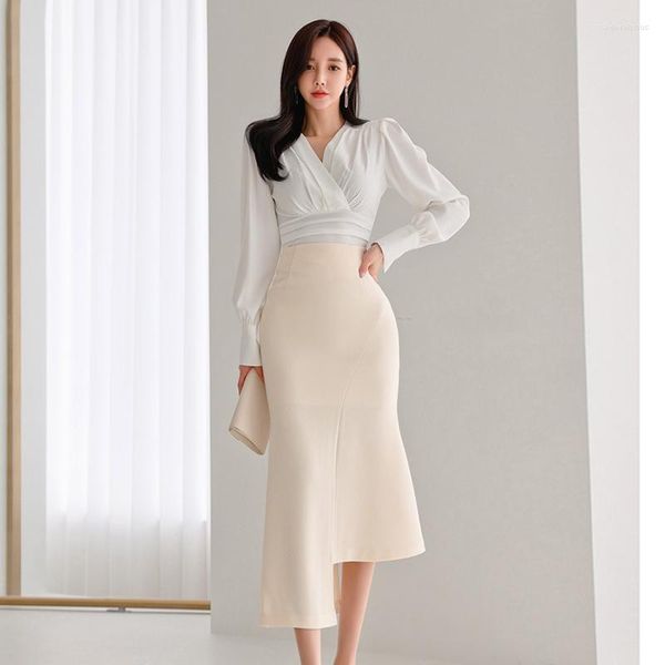 Arbeit Kleider Temperament Elegante Zwei Stück Set Frauen Shirt Crop Top Lange Fischschwanz Rock Anzüge Frühling 2 Sets