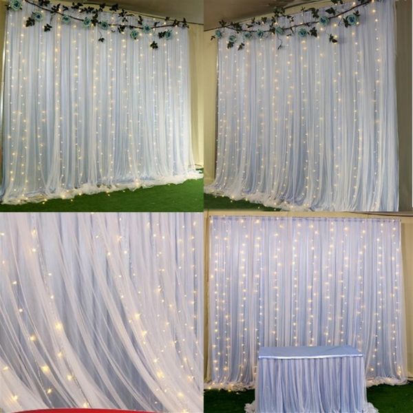 2 Schichten bunte Hochzeits-Hintergrundvorhänge mit LED-Lichtern, Event-Party-Bögen, Dekoration, Hochzeit, Bühnenhintergrund, Seidenvorhang, deco236R