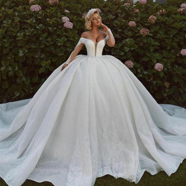 2021 Abito da sposa in stile arabo di lusso con spalle scoperte Appliques di pizzo Abiti da sposa con paillettes Arabia Dubai Plus Size vestido de novi195d