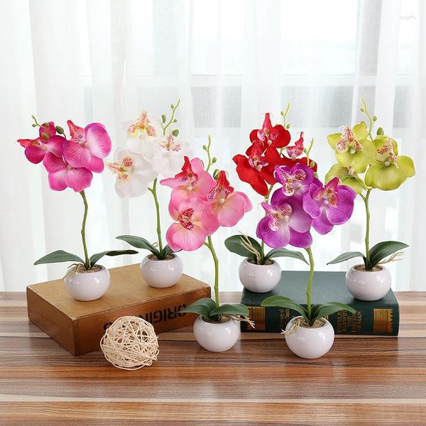 Flores decorativas Artificiais Mini Orquídea Phalaenopsis Pequeno Vaso de Plantas de Plástico Falso Enfeite Decoração de Escritório em Casa