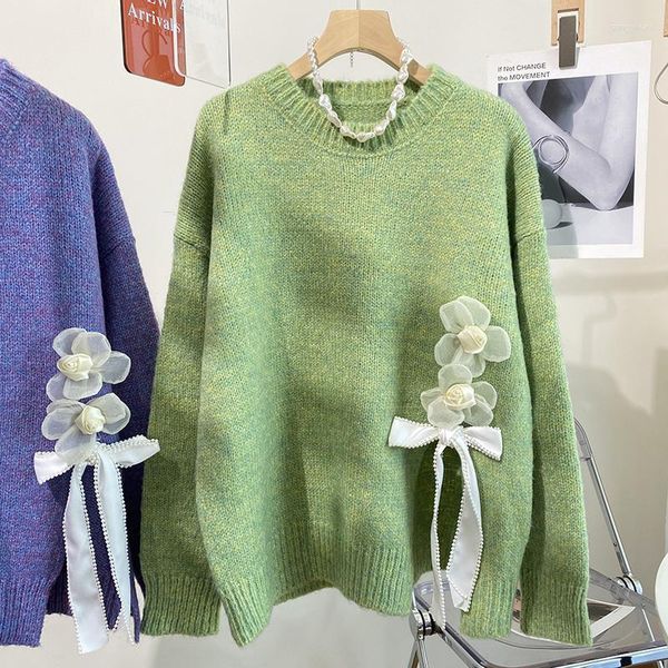 Suéteres femininos 2023 decote em O manga comprida pulôveres de tricô coreano Harajuku flor bordado japonês streetwear sueter mujer