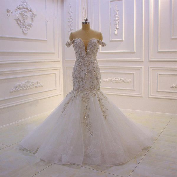2019 винтажные 3D кружевные цветы русалка свадебные платья роскошные от плеча с блестками бисера с бисером с бисером плюс размер свадебной платья Real Pictures236s