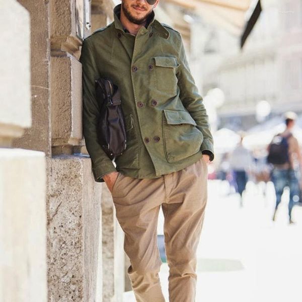 Giacche da uomo Salopette a maniche lunghe Cappotti Top 2023 Moda primavera Risvolto Verde militare Doppio petto Tasca grande Abbigliamento