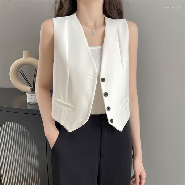 Damenwesten TingYiLi Koreanischer Stil Mode Knopfleiste vorne Anzug Weste Mantel Frühling Herbst Frauen Kurze ärmellose Jacke V-Ausschnitt Schwarz Weiß