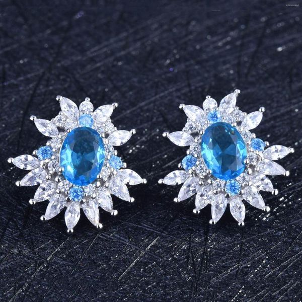 Brincos de alta qualidade topázio azul 925 carimbo de diamante de carbono de luxo brinco de zircão brinco de casamento nupcial jóias presente