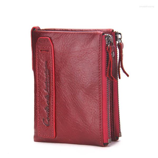 Brieftaschen 2023 Mode Echtes Leder Frauen Brieftasche Bi-fold Rot ID Karte Halter Münze Geldbörse mit Doppel-reißverschluss Kleine frauen