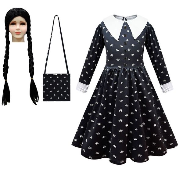 Mädchenkleider Mädchenkleid für Mädchen Wednesday Addams Family Cosplay Kostüm Schwarzer Druck Vintage Gothic Outfits Halloween Kostüm Kinderkleid 230801