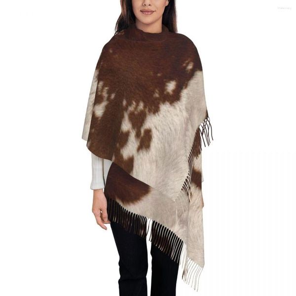 Schals Damen Lang Braun Kalb Rindsleder Frauen Winter Herbst Weich Warm Quaste Schal Wraps Tierhaut Pelz Leder Textur Schal