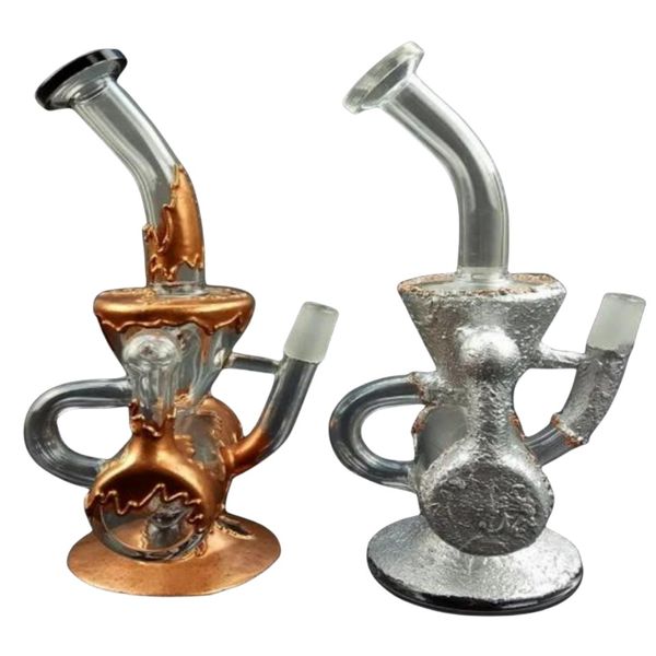 Bong ad acqua in vetro dal design unico Narghilè Silver Gold Inline Perc Recycler pipe 7.8inch 14mm joint dab rig