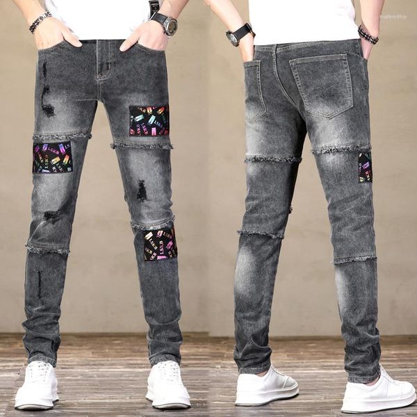 Jeans masculino Motocycle For Men Stretch Cinza Slim Fit Rasgado Homem Calça Denim Hip Hop Patchwork Estampado Roupas Estudantes Meninos