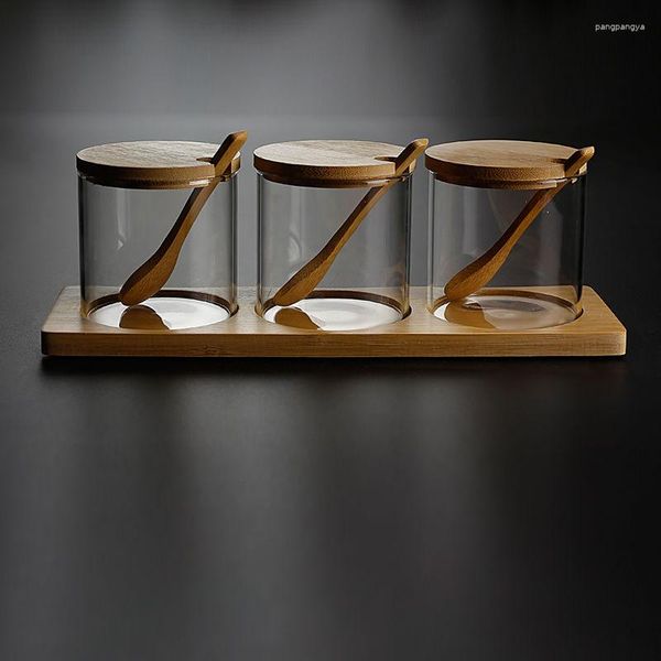 Garrafas de armazenamento Frascos de vidro de corpo reto para cozinha Adequado para uso doméstico Frasco de caixa de molho com uma colher de madeira de três peças