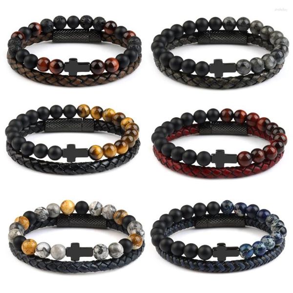 Charme Pulseiras Pedra Olho de Tigre Cruz Couro 2 pçs Conjunto Pulseira Mapa Natural Contas de Ágata Rodada Genuíno Estilo Punk Homens Pulseira Jóias Presente