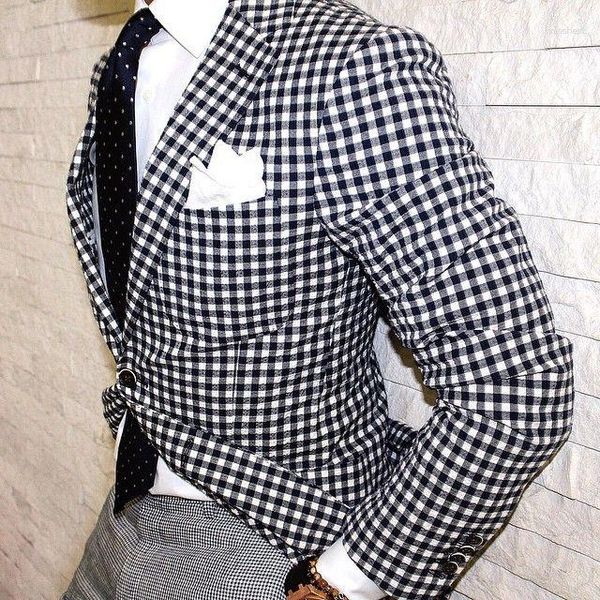 Ternos masculinos (calças de jaqueta) sob medida design de moda masculina preto xadrez ajuste fino 2 peças terno masculino casual blazer feito sob medida