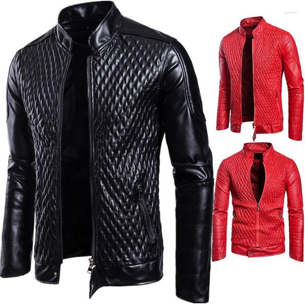 Giacche da uomo Abbigliamento in pelle 2023 Moda primavera Collo alla coreana Cardigan con cerniera Giacca tinta unita Cappotto casual Rosso nero