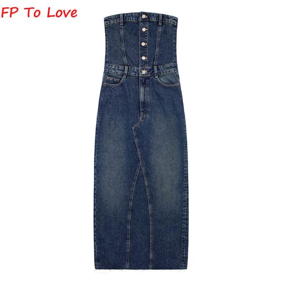 Grundlegende Freizeitkleider, blaues Denim-trägerloses Midikleid, hinten geteilt, rückenfrei, einreihig, High Street, sexy Streetwear, Vintage-Stil, für Damen, 5252280, 230731