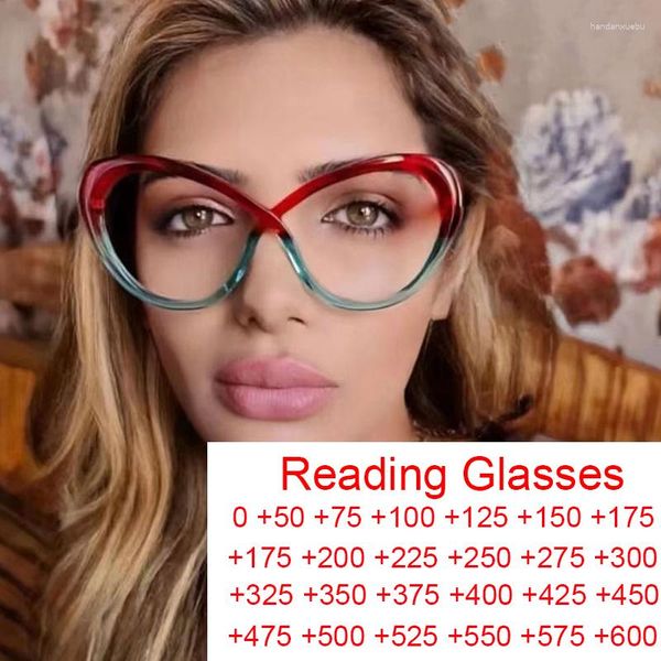Солнцезащитные очки уникальные x кошачьи глаза против синего света бокалы для чтения женщин Большой градиент рамы модные очки TR90 Оптические пресбиопия очки
