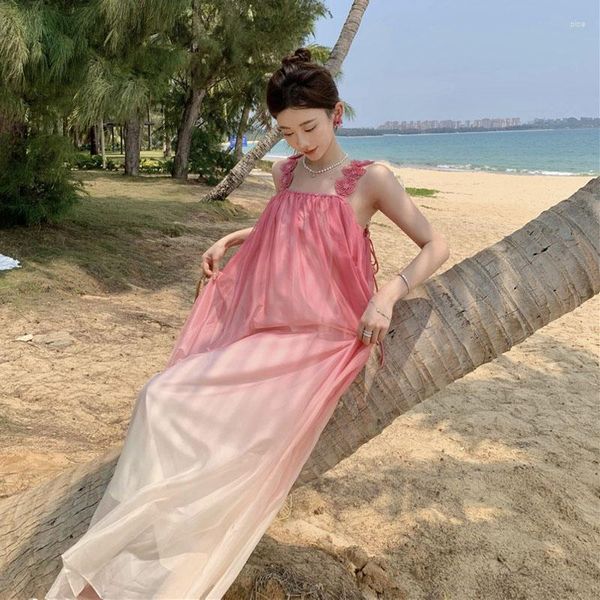 Abiti casual Summer Vacation Pography Skirt Beach Pink Gradient Sling Dress Sweet Long 3D Embroidery Super Fairy White PartyoccasioN