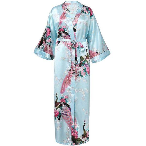 Robe feminino cinza longo estampado floralPEACOCK roupão de dama de honra rayon roupa de dormir lazer quimono roupão de banho presente de casamento Y2271V