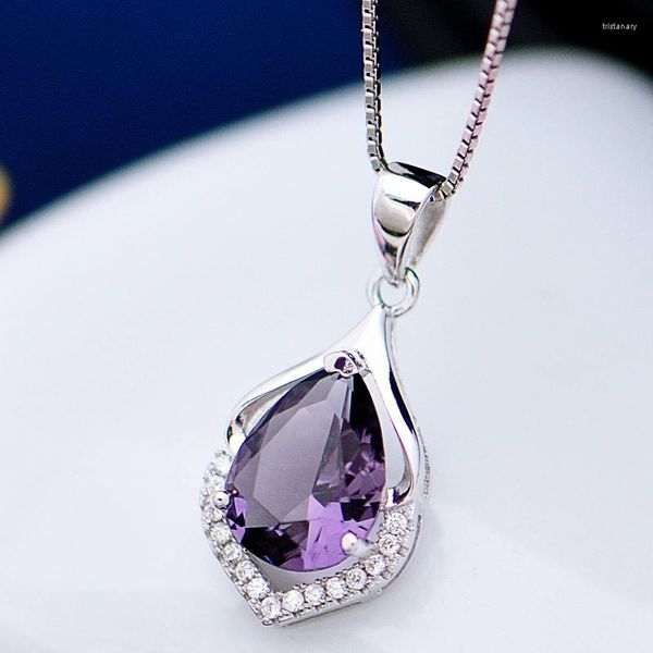 Anhänger Halsketten Mode Frauen Amethyst Tropfen Halskette Intarsien Zirkon Hochzeit Verlobung Schlüsselbein Kette Charme Schmuck