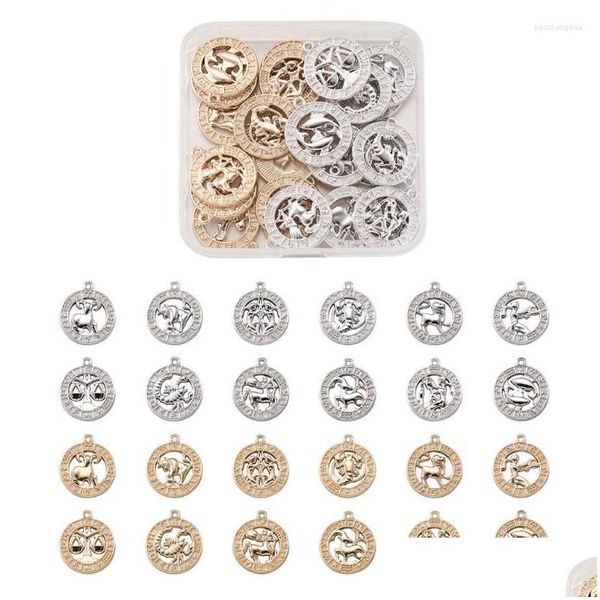 Charms 24Pcs Vintage Fashion 12 Constellation Segno zodiacale Pendenti Oro / Argento Per le donne Collana Bracciale Creazione di gioielli fai da techarms Dr Dhso7