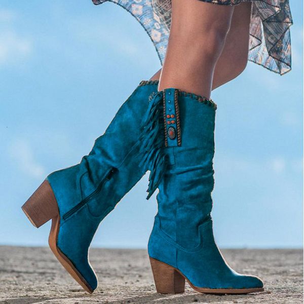 Сапоги на каблук на каблуках колена высокие ботинки для женских кисточков боковые Zip Western Ridding Blue Cowboy Boots Осень зимняя бота Feminina 230801