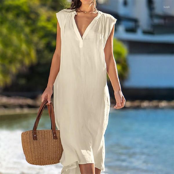 Abiti casual da donna primavera scollo a V maxi abito boho largo sexy canotta senza maniche estate spiaggia semplice cotone solido lungo