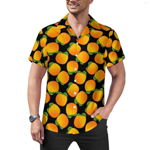 Camisas casuais masculinas laranjas brilhantes com estampa de frutas frescas camisas de férias havaianas estilo de rua blusas masculinas estampadas plus size