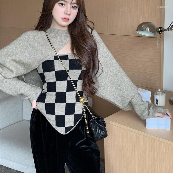 Kadınların Sweaters Örme Terigan İki Parça Setleri Vintage Argyle Sweater Düzensiz Kırpılmış Küleyler Seksi Sling Yelek 2 Parça Takım Kadın