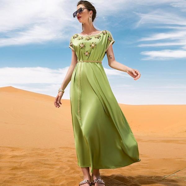 Roupas étnicas Drop Vintage 2023 Vestidos de verão femininos de seda longo macio vestido festa de casamento senhoras cinto vermelho manga curta Dubai S-XXL