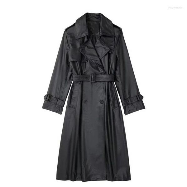 Giacca da donna in pelle sintetica nera di media lunghezza Trench coat da donna colletto alla coreana doppiopetto femminile soprabito casual streetwear