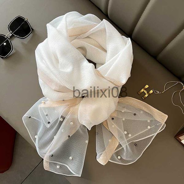 Sciarpe Sciarpa da donna di marca di lusso Sottile estate Lady Beh scialle sciarpe con perla Moda musulmana Foulard Foulard Hijab femminile J230801