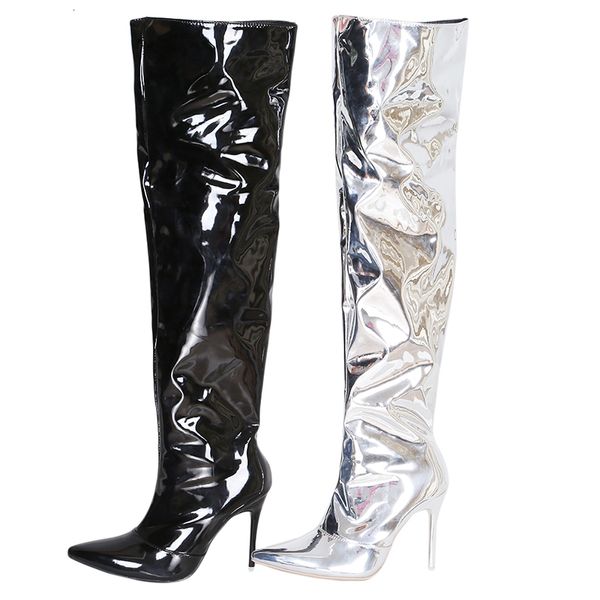 Сапоги сексуальные серебряные зеркало бедра высокие ботинки Женщины T показывают заостренные клубные туфли для вечеринок тонкие высокие каблуки на колене для длинных ботинок для женщин 230801