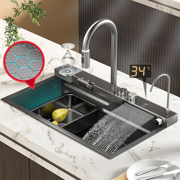 Nuovo lavello da cucina con rubinetto a cascata Acciaio inossidabile Grande slot singolo Bionic Honeycomb Lavabo nero Topmount Grembiule anteriore