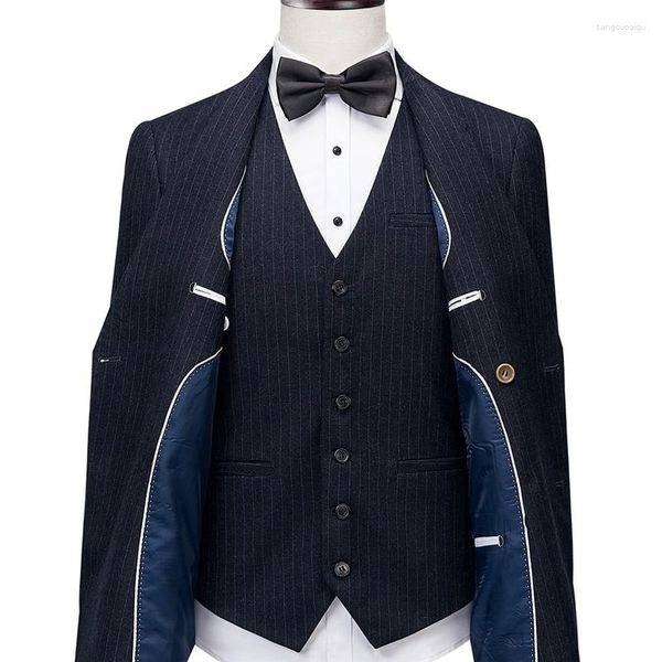 Ternos Masculinos Privado Feito Sob Medida Elegante Azul Marinho Terno Masculino Seios Duplos Ajuste Vertical Listrado Masculino Vestido de Noiva Simples Blazer