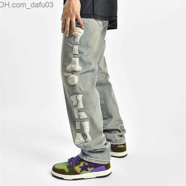 Jeans da uomo Jeans da uomo Skull Side Ricamo Pantaloni da uomo Hip Hop Y2k Fashion Streetwear Brand Aestethic Casual 230321 Z230801