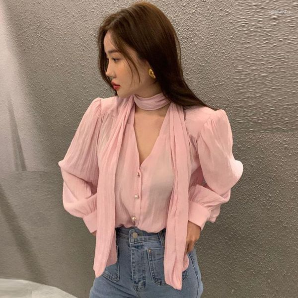 Blusas femininas 2023 primavera coreana estilo francês camisa com decote em V alça de pescoço única dobra de peito solta manga comprida top roupas femininas
