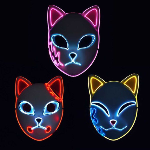 Maschere per feste Halloween LED Incandescente Maschera per il viso di gatto per le donne Demon Slayer Luce fredda Maschera per volpe Masquerade Cosplay Puntelli Bar Decorazioni per la casa stregata HKD230801