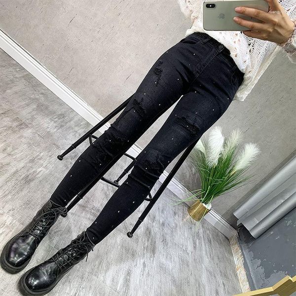 Calça Jeans Feminina Drill Lápis 2023 Buraco Outono Preto Cintura Alta Perna Feminina Magra