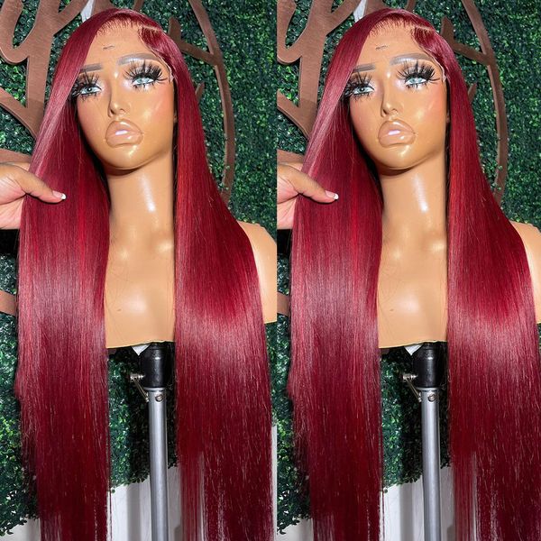 250% 99J Burgundy Lace Front Simulaiton perucas de cabelo humano sem cola de cor vermelha brasileira reta HD peruca de fechamento frontal de renda 30 34 polegadas