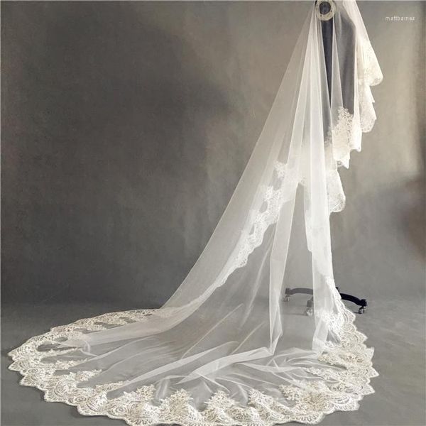 Veli da sposa 3 m di lunghezza da sposa in pizzo Appiques bordo 1 T Tulle Velo da cattedrale Avorio Lusso Velo De Novia Voile Mariee