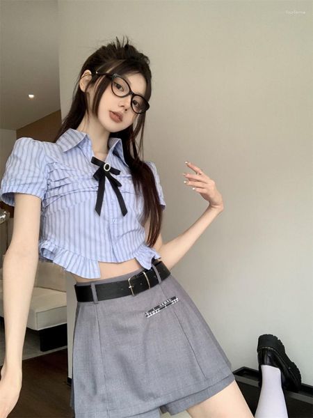 Vestidos de trabalho estilo universitário coreano terno arco plissado camisa de manga curta cintura alta saia fina conjunto de duas peças moda roupas femininas