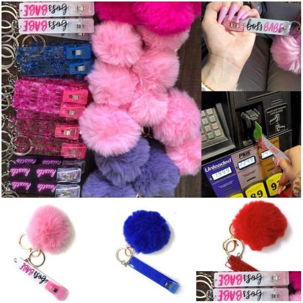 Schlüsselanhänger Niedliche Kreditkarte Pler Pompom Acryl Debit Bank Grabber für lange Nagel ATM Kaninchenfell Ball Schlüsselbund Rosa Karten Clip Nägel D Dhvp1