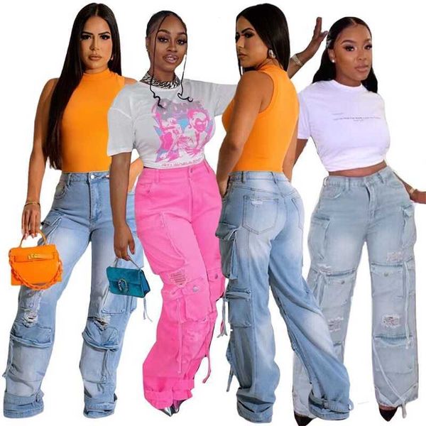 2023 nova moda feminina jeans moda outono inverno streetwear roupas sexy buraco quebrado lavado multi bolsa calças jeans soltas